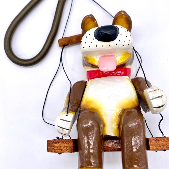 Monkey Business Hand Carved Wood Spring Dog on a Swing - Picture 2 of 3